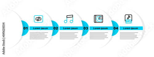Set line MP3 file, Vinyl player with vinyl disk, Music note, tone and Repeat button icon. Vector