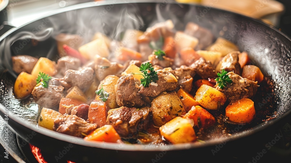 Cooking a mixture of meat potatoes and carrots in a black pan Cooking a mixture of meat potatoes and carrots in a black pan