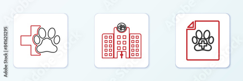 Set line Medical certificate for dog or cat, Veterinary clinic and medicine hospital icon. Vector