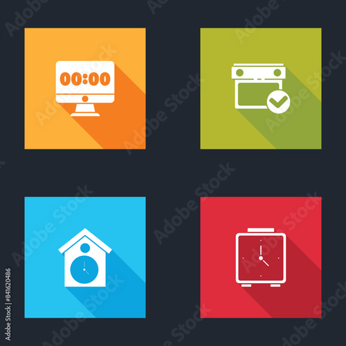 Set Clock on monitor, Calendar with check mark, Retro wall watch and Alarm clock icon. Vector