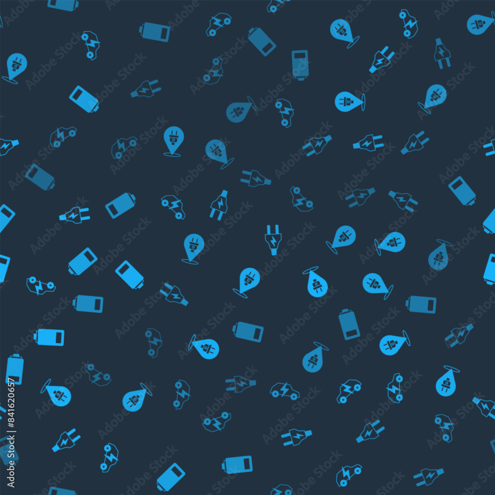 Set Electric car, plug, and Battery on seamless pattern. Vector Set Electric car, plug, and Battery on seamless pattern. Vector
