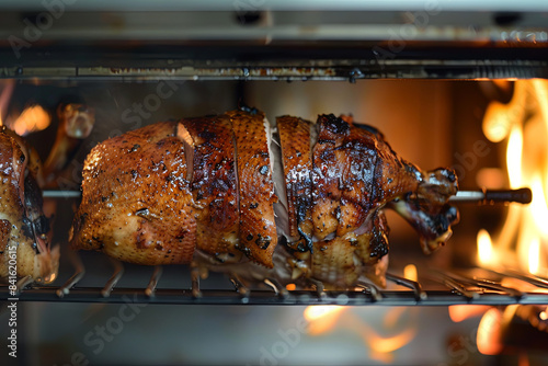 Cooking an entire tasty duck on a rotisserie machine photo