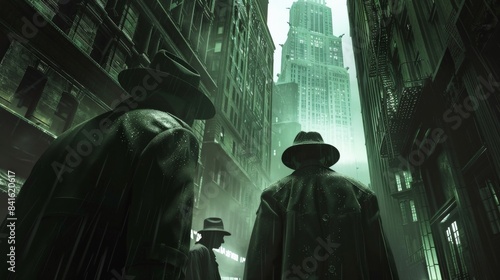 Men in trench coats and fedoras stand in a dark alleyway, their gazes fixed on the towering skyscrapers looming above them. © Sittipol 