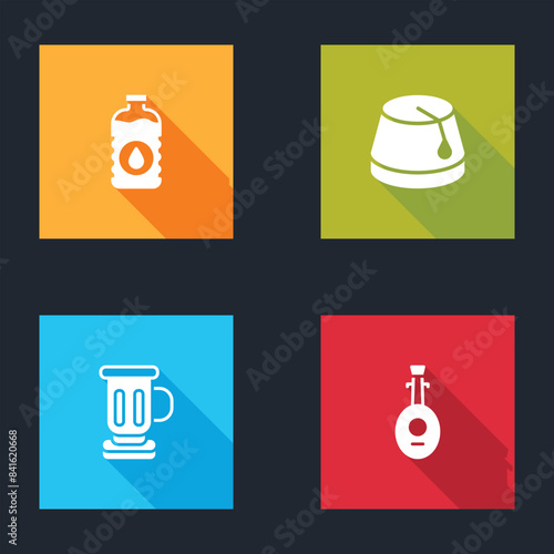 Set Bottle of water, Turkish hat, Medieval goblet and Lute icon. Vector