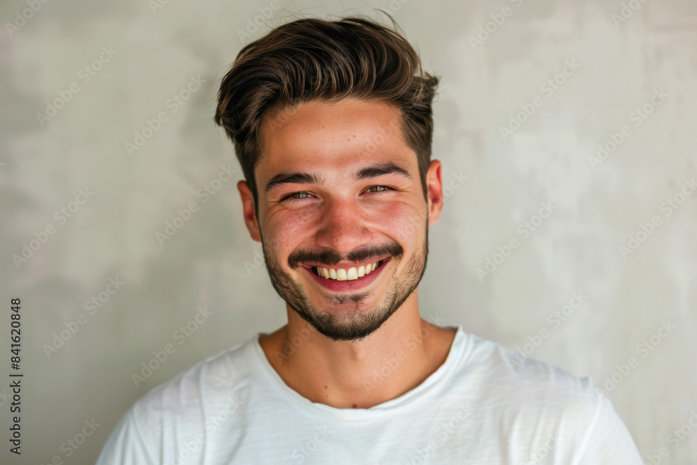 A close up portrait of a young man with a subtle smile