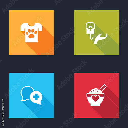 Set Animal volunteer, Blood donation, Dialogue with doctor and Donation food icon. Vector