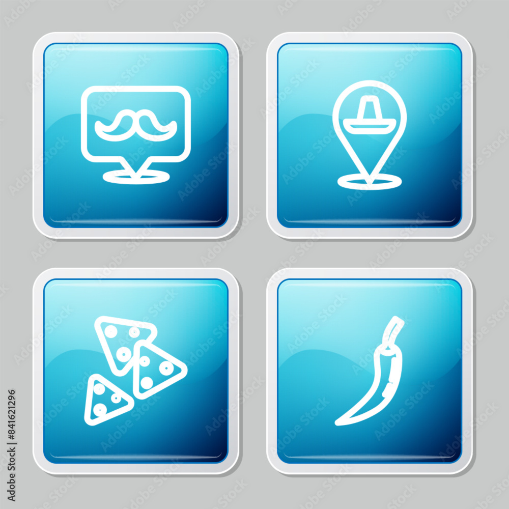 Set line Mustache, Mexican sombrero, Nachos and Hot chili pepper pod icon. Vector Set line Mustache, Mexican sombrero, Nachos and Hot chili pepper pod icon. Vector