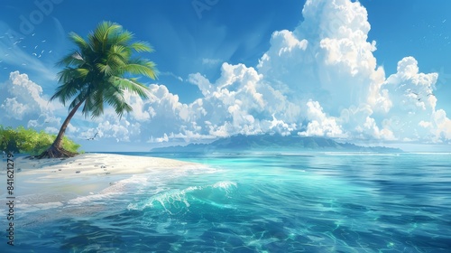 A tranquil island with a palm tree and gentle waves. 