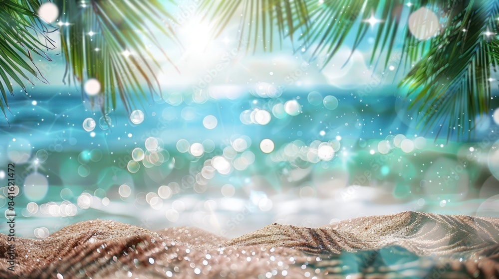 Blurred background of beach scene with palm leaves and bokeh lights. Generated by AI Blurred background of beach scene with palm leaves and bokeh lights. Generated by AI