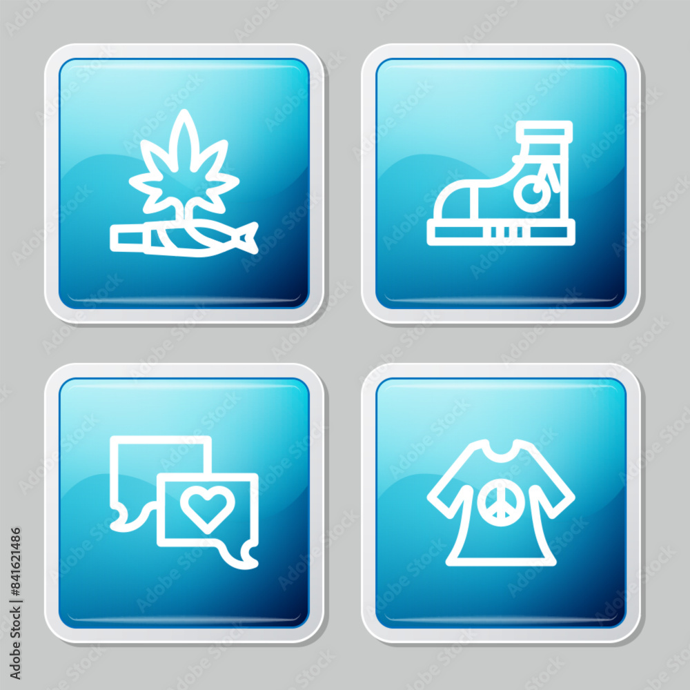 Set line Marijuana joint, spliff, Sneakers, Speech bubble chat and Peace dress print stamp icon. Vector Set line Marijuana joint, spliff, Sneakers, Speech bubble chat and Peace dress print stamp icon. Vector