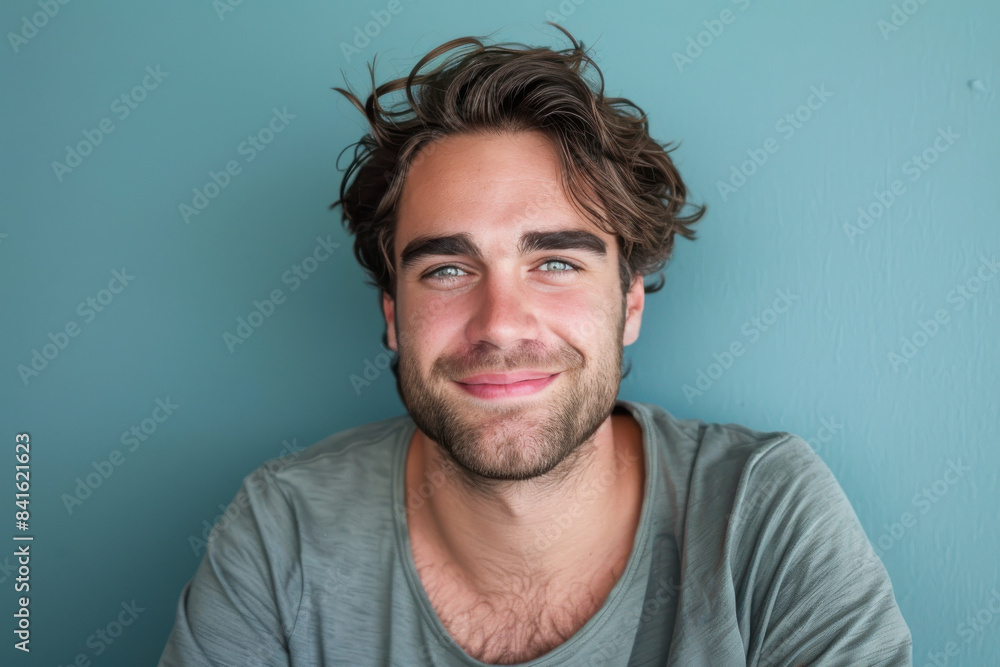 A close up portrait of a young man with a subtle smile A close up portrait of a young man with a subtle smile