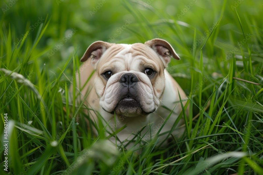 Cute english bulldog puppy enjoys a relaxing day amidst vibrant green blades of grass