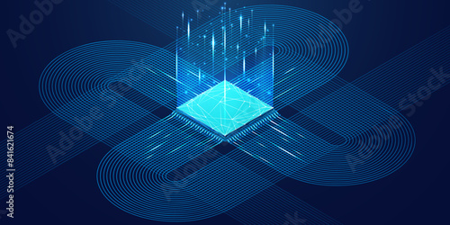 Abstract isometric AI chip or CPU processor, front side bus, and circuit circle connected lines on technology blue background. Big data. Digital innovation on tech bg. 3D polygonal vector illustration (ID: 841621674)