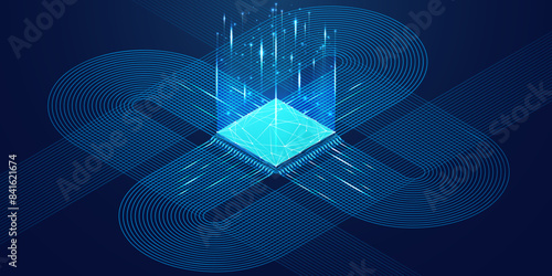 Abstract isometric AI chip or CPU processor, front side bus, and circuit circle connected lines on technology blue background. Big data. Digital innovation on tech bg. 3D polygonal vector illustration