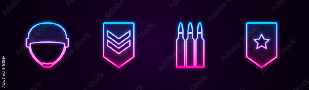 Set line Military helmet, Chevron, Bullet and . Glowing neon icon. Vector Set line Military helmet, Chevron, Bullet and . Glowing neon icon. Vector