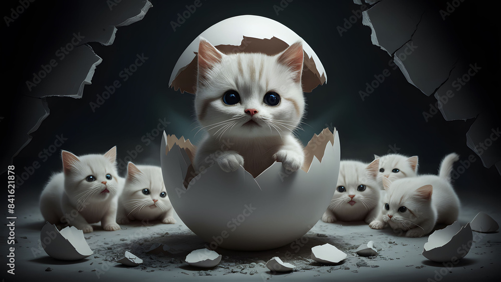 Fototapeta premium A group of kittens are in a white eggshell
