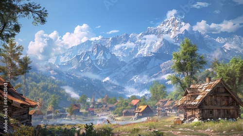 A tranquil mountain village with wooden houses and clear skies. 