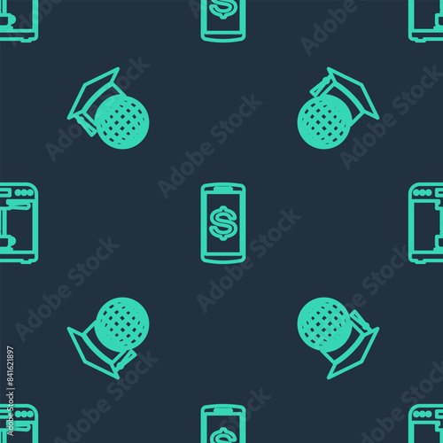 Set line Smartphone with dollar, Graduation cap globe and Coffee machine and cup on seamless pattern. Vector
