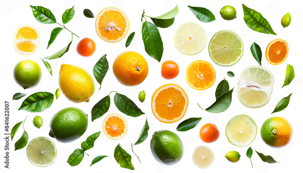 Different fresh citrus fruits and leaves falling on white background Different fresh citrus fruits and leaves falling on white background