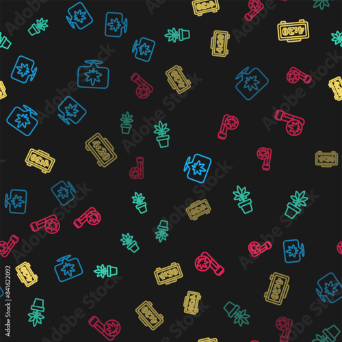 Set line Location and cannabis, Marijuana or plant, Digital alarm clock and Chemical test tube with marijuana on seamless pattern. Vector