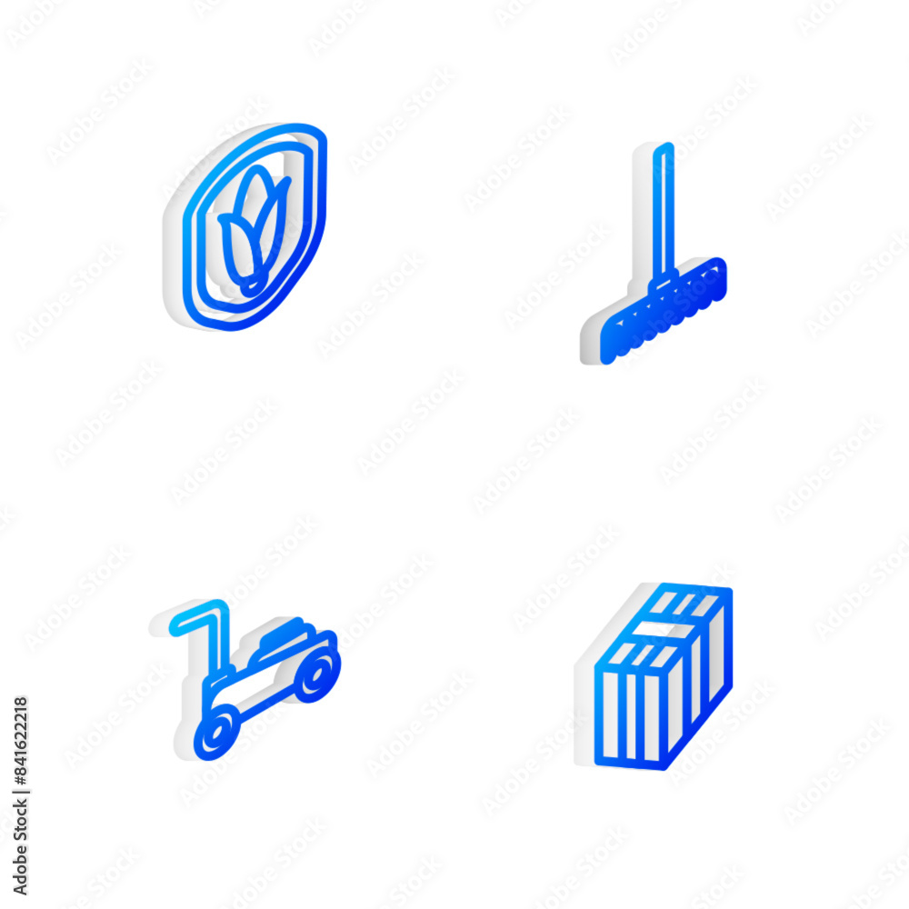 Set Isometric line Garden rake, Shield corn, Lawn mower and Bale of hay icon. Vector Set Isometric line Garden rake, Shield corn, Lawn mower and Bale of hay icon. Vector