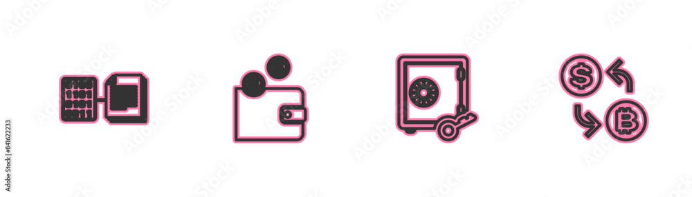 Set line Smart contract, Proof of stake, Cryptocurrency wallet and exchange icon. Vector