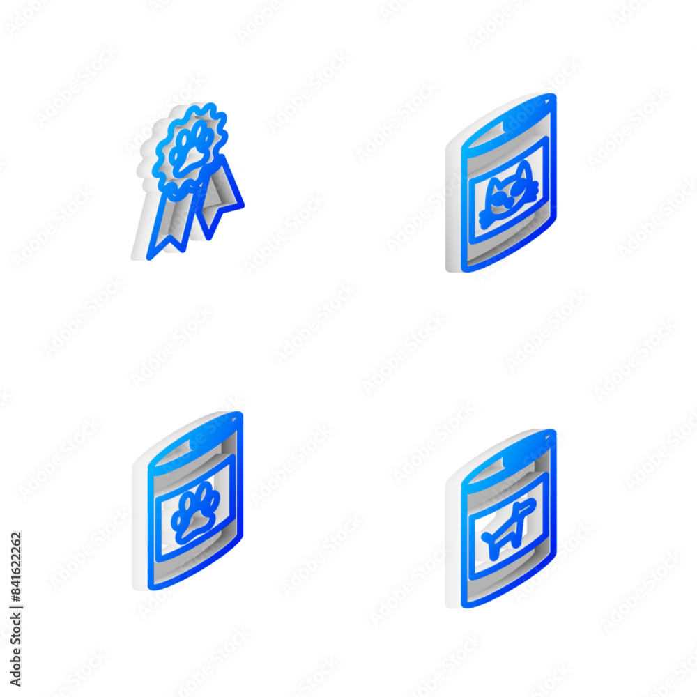 Set Isometric line Canned food for cat, Pet award symbol, and dog icon. Vector Set Isometric line Canned food for cat, Pet award symbol, and dog icon. Vector