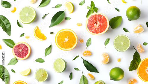 Different fresh citrus fruits and leaves falling on white background