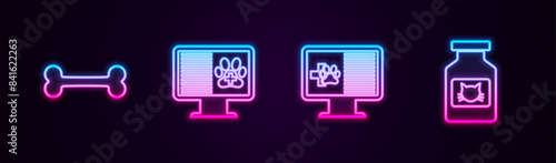 Set line Dog bone, Clinical record pet monitor, and Cat medicine bottle. Glowing neon icon. Vector