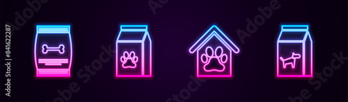 Set line Bag of food for pet, , Dog house and paw print and dog. Glowing neon icon. Vector