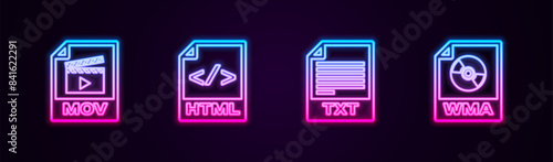 Set line MOV file document, HTML, TXT and WMA. Glowing neon icon. Vector
