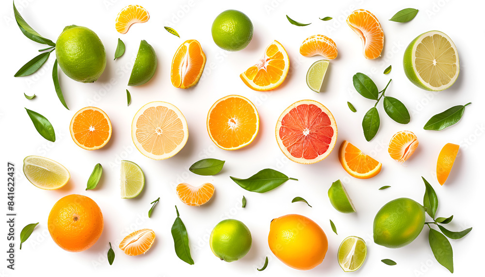 Different fresh citrus fruits and leaves falling on white background Different fresh citrus fruits and leaves falling on white background