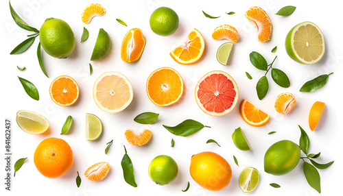 Different fresh citrus fruits and leaves falling on white background