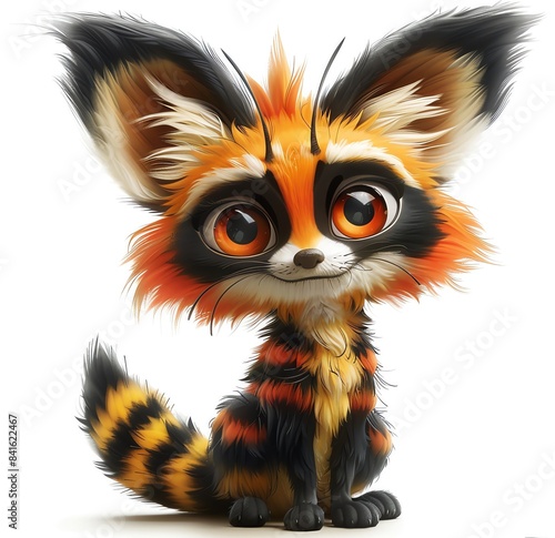 A cute cartoon red fox with big eyes and a fluffy tail. The fox is sitting on a white background and looking at the viewer. The fox has orange, black, and white fur.