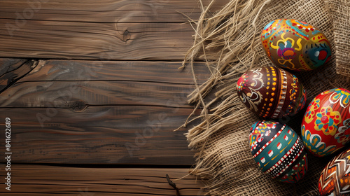 Colorful Easter Eggs on Rustic Wooden Background with Copy Space

