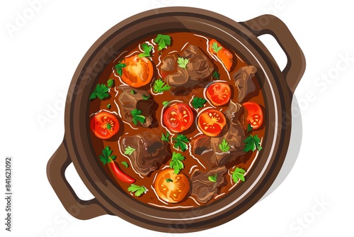 Top view of 32bit of Cuban Ropa Vieja in a vector cartoon style, isolate white background photo