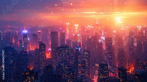 A vibrant cityscape at dusk with lights beginning to twinkle. 