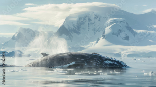 Humpback whale swimming in Antarctic waters with snowy mountains