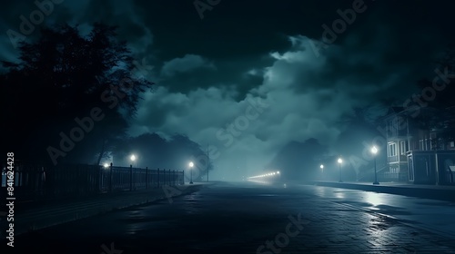 Background scene of empty street  Night view of the river  the night sky with clouds  the reflection of light on the water  Smoke fog
