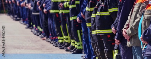 A group of firefighters lined up, saluting the flag, applauding in solidarity, and gearing up for intensive training sessions, showcasing their unwavering commitment to service and teamwork.