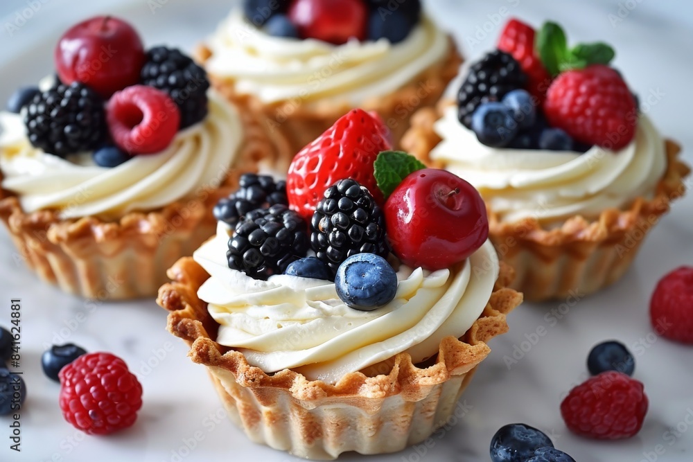 Fresh berry tartlets with whipped cream and a variety of berries, perfect for refreshing dessert lovers and elegant presentations, featuring vibrant red, blue, and white colors Fresh berry tartlets with whipped cream and a variety of berries, perfect for refreshing dessert lovers and elegant presentations, featuring vibrant red, blue, and white colors