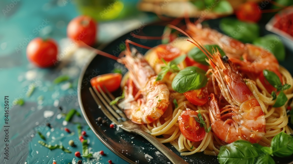 Plate of delectable pasta shrimps and ingredients on a colorful backdrop Plate of delectable pasta shrimps and ingredients on a colorful backdrop