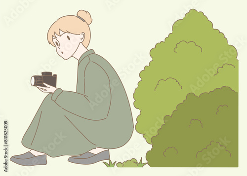 Young woman paparazzi sitting near bushes, making shot by camera. Photographer hiding, taking photos with professional camera, spying outdoors. Hand drawn flat cartoon character vector illustration.