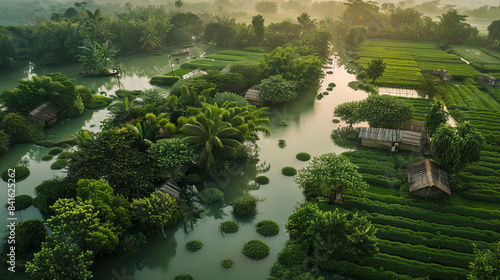 Aerial view of floating guava garden surrounded by lush greenery