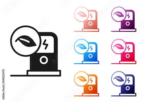 Black Electric car charging station icon isolated on white background. Eco electric fuel pump sign. Set icons colorful. Vector