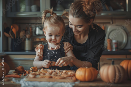 Mother and daughter are preparing for Halloween. Dress up and cook a celebration meal in the kitchen