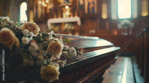 Close-up of Funeral Casket with Flower Arrangements in Church

 photo