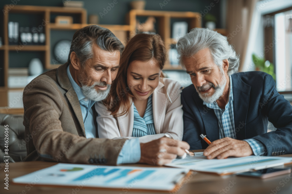 Fototapeta premium Professional financial advisor illustrating wealth growth strategies to multi-generational families.