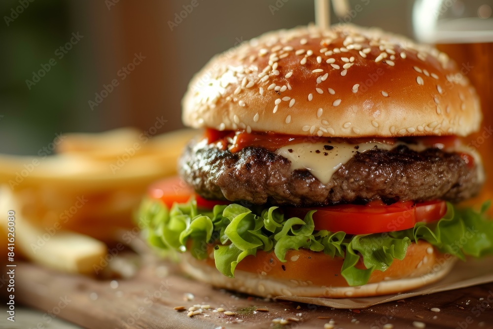 Close-up of a juicy cheeseburger with lettuce, tomato, and cheese on a wooden surface Close-up of a juicy cheeseburger with lettuce, tomato, and cheese on a wooden surface