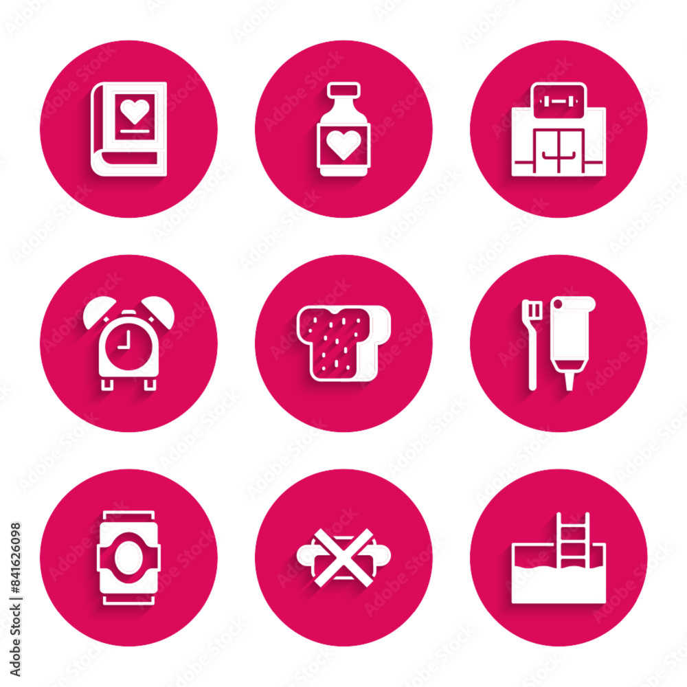 Set Bread toast, No junk food, Swimming pool with ladder, Toothbrush and toothpaste, Soda can, Alarm clock, Gym building and Medical book icon. Vector Set Bread toast, No junk food, Swimming pool with ladder, Toothbrush and toothpaste, Soda can, Alarm clock, Gym building and Medical book icon. Vector